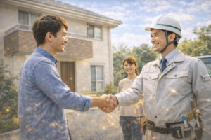 外壁塗装工事完了後、施主と塗装業者が笑顔で握手を交わす様子。信頼関係と安心感のある塗装工事を表現している。